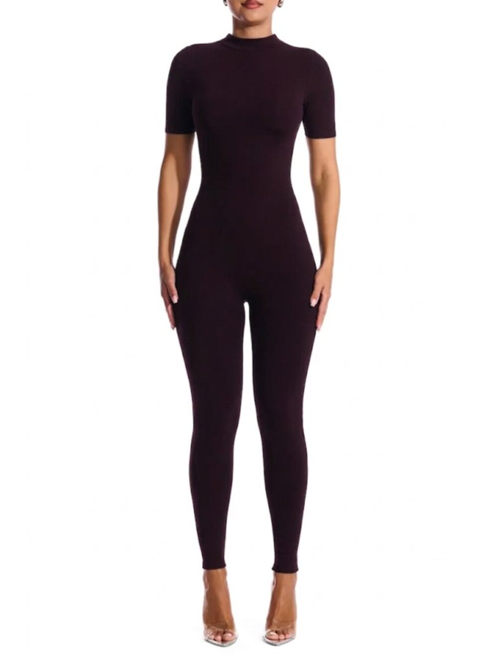 Naked Wardrrobe The NW T Jumpsuit Purple Funnel Neck Bodyfit Size S NWOT